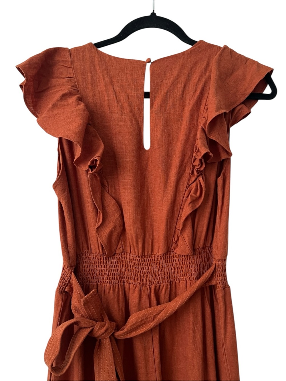 By Anthropologie V Neck Ruffle Copper Jumpsuit Size S - Picture 6 of 16